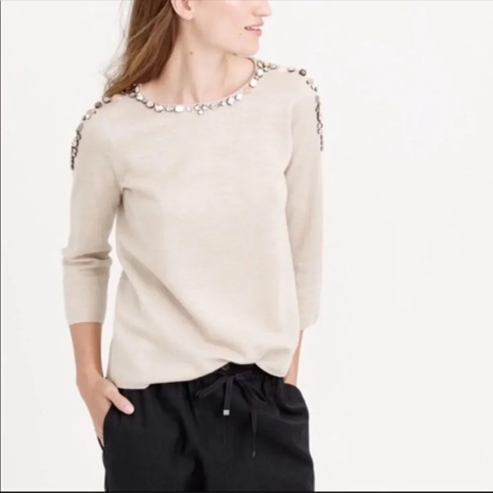 New J. Crew Jeweled Tan Crewneck sweater NWOT